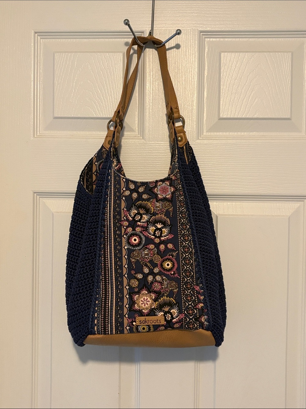 Sakroots Navy Floral Crochet-Trim Tote with Tan Straps